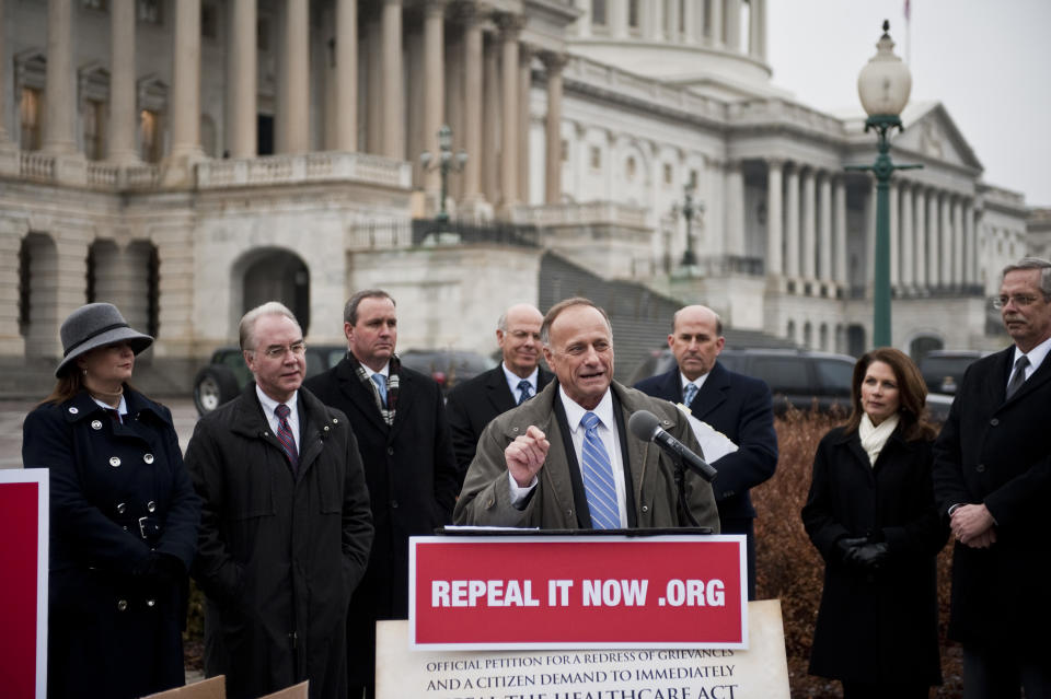 WASHINGTON, DC- Jan. 18: Jenny Beth Martin, of the Tea Party Patriots, Rep. Tom Price, R-Ga., Rep. Jeff Duncan, R-S.C., Rep. Steve Pearce, R-N.M., U.S. Rep. Steve King, R-Iowa, Rep. Louie Gohmert, R-Texas, Rep. Michele Bauchmann, R-Minn., and Ken Hoagland, of Repeal It Now.org during a news conference outside the U.S. Capitol on efforts to repeal the health care law. With him are and Ken Hoagland, of Repeal It Now.org. (Photo by Scott J. Ferrell/Congressional Quarterly/Getty Images)