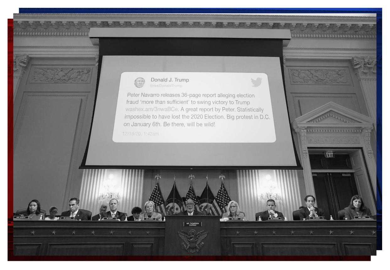 An image of a tweet by former President Donald Trump is displayed on a large screen above the panel.