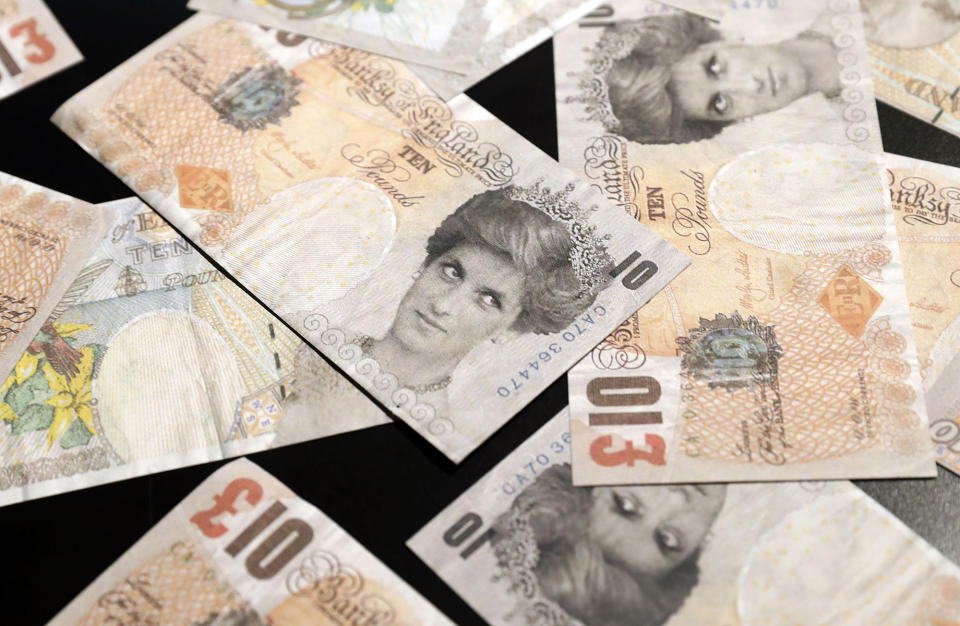 <p>A view of fake banknotes with the image of late Lady Di entitled ‘Di Faced Tenners’ by British Banksy is on display at the exhibition ‘The Art of Banksy’ in Berlin, Germany on June 20, 2017. (Felipe Trueba/EPA/REX/Shutterstock) </p>