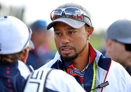 Sep 29, 2016; Chaska, MN, USA; Team USA vice-captain Tiger Woods during a practice round for the 41st Ryder Cup at Hazeltine National Golf Club. Mandatory Credit: John David Mercer-USA TODAY Sports