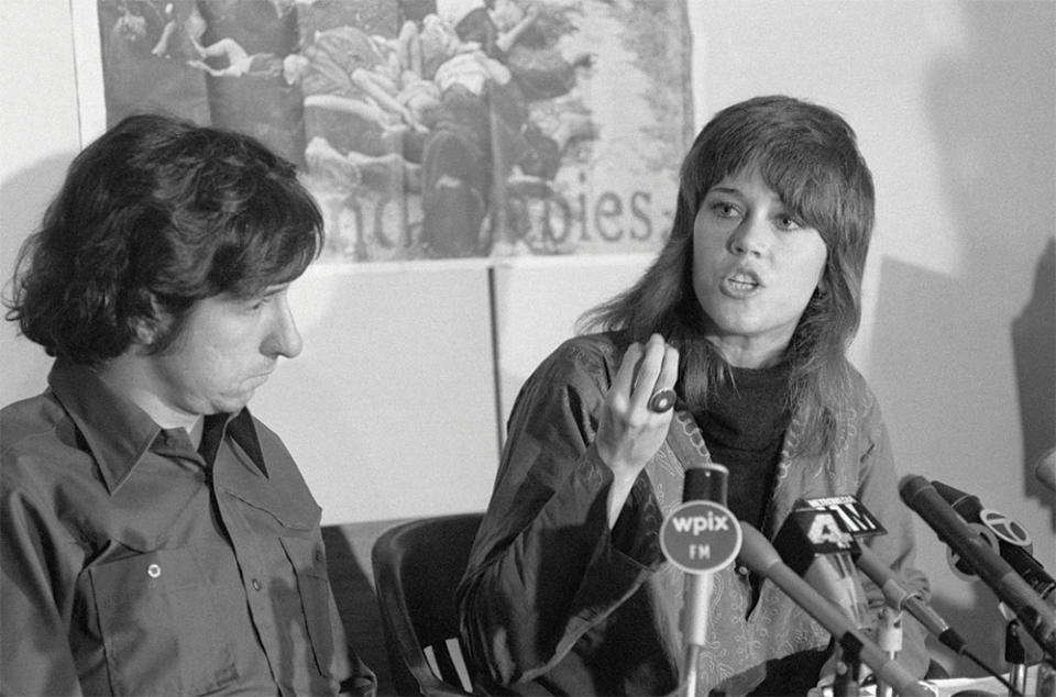 Fonda at a 1973 anti-war press conference in New York with then-fiance and fellow activist Tom Hayden.