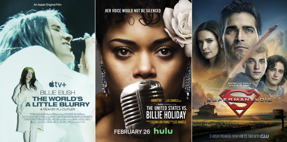 En esta combinación de fotos, el arte promocional para "Billie Eilish: The World's a Little Blurry", un documental que se estrena el viernes en Apple TV+; "The United States vs. Billie Holiday", que se estrena el viernes en Hulu, y "Superman & Lois", una nueva serie que debuta el martes en The CW. (AppleTV+/Hulu/The CW via AP)