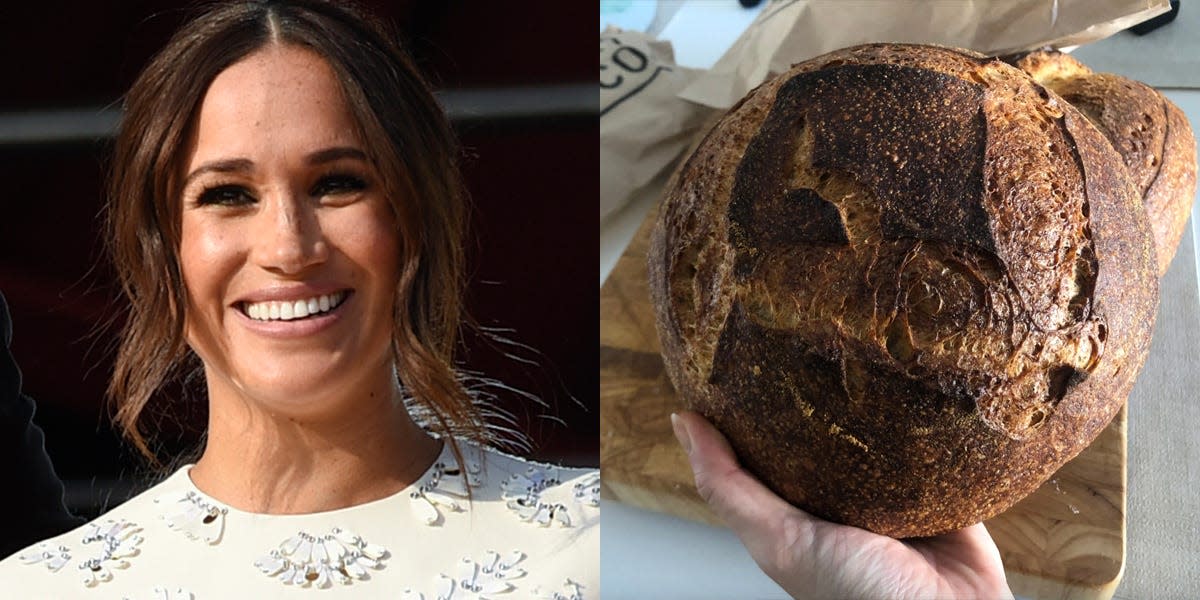 meghan markel at 2021 global citizen live and a hand holidng a sourdough loaf from blackbird baking co