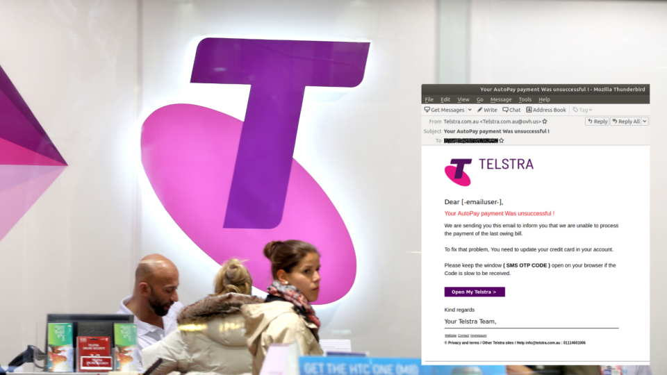 The Telstra logo on the wall of a shop and a screenshot of the scam email. 