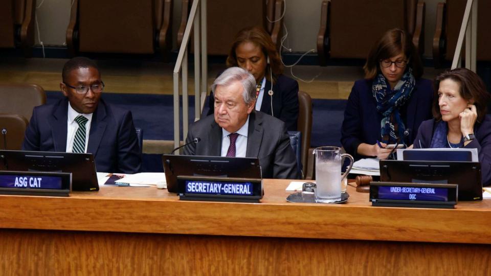 PHOTO: UN Secretary-General Antonio Guterres, center, attends the Climate Ambition Summit at the United Nations Headquarters, Sept. 20, 2023, in New York. (Kena Betancur/Getty Images)