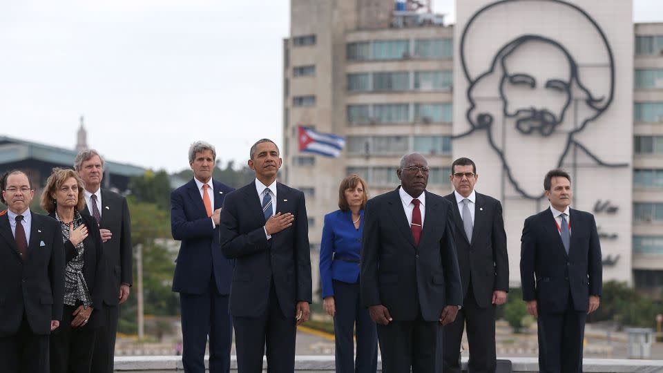 Obama takes part in a wreath-laying ceremony at the Jose Marti memorial in Revolution Square on March 21, 2016, in Havana.  - Joe Raedle/Getty Images