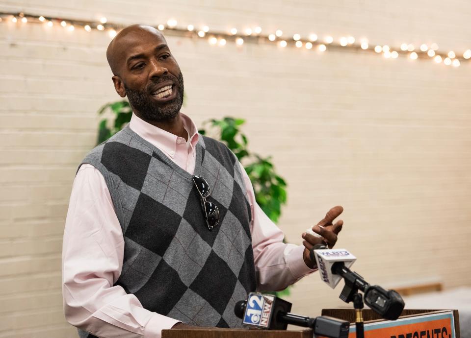 Tariq Abdul-Tawwab speaks during Ward 3 City Councilman Kenneth Stokes' town hall at Medgar Evers Library in Jackson on Thursday. "I say we support JPD," Abdul-Tawwab said.