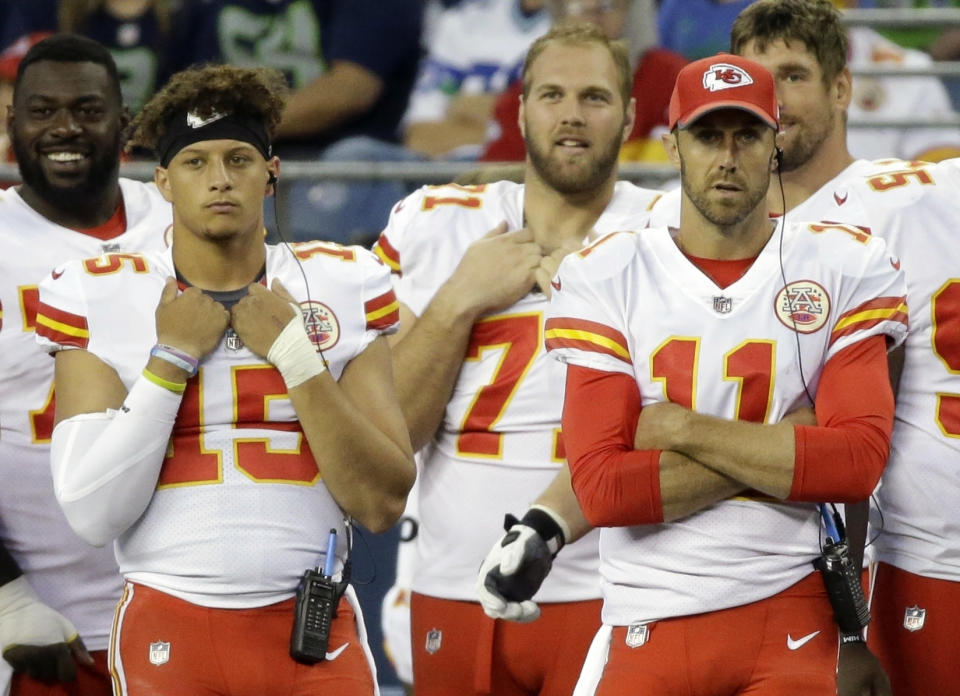 Patrick Mahomes got time to watch and learn from Alex Smith in his rookie year in Kansas City. (AP Photo/Elaine Thompson, File)