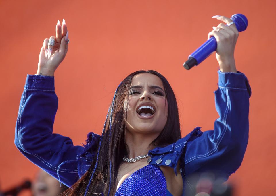 Becky G performs on the Coachella Stage at the Coachella Valley Music and Arts Festival in Indio, Calif., Friday, April 14, 2023. 