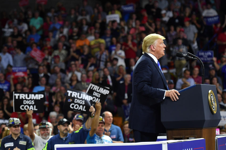 President Trump at the West Virginia rally where he spoke in support of coal and against Obama’s Clean Power Plan, Aug. 21, 2018. (Photo: Mandel Ngan/AFP/Getty Images)