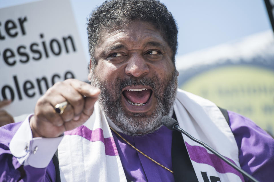 Rev. William Barber&nbsp;called on lawmakers to address the "connection between systemic racism, poverty and voter suppression" at a Poor People's Campaign rally in Washington on May 21, 2018. (Photo: Tom Williams via Getty Images)