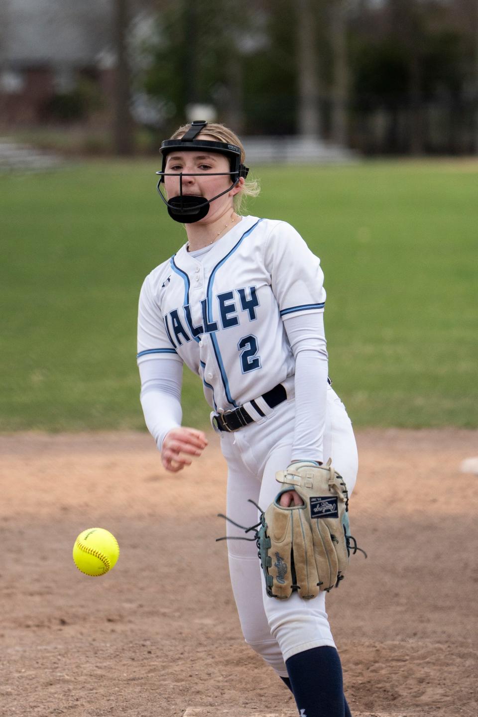 Apr 6, 2024; Pompton Plains, NJ, USA; Wayne Valley girls softball plays Indian Hills at Hillview Elementary School on Saturday afternoon. WV #2 Annie Martin pitches.