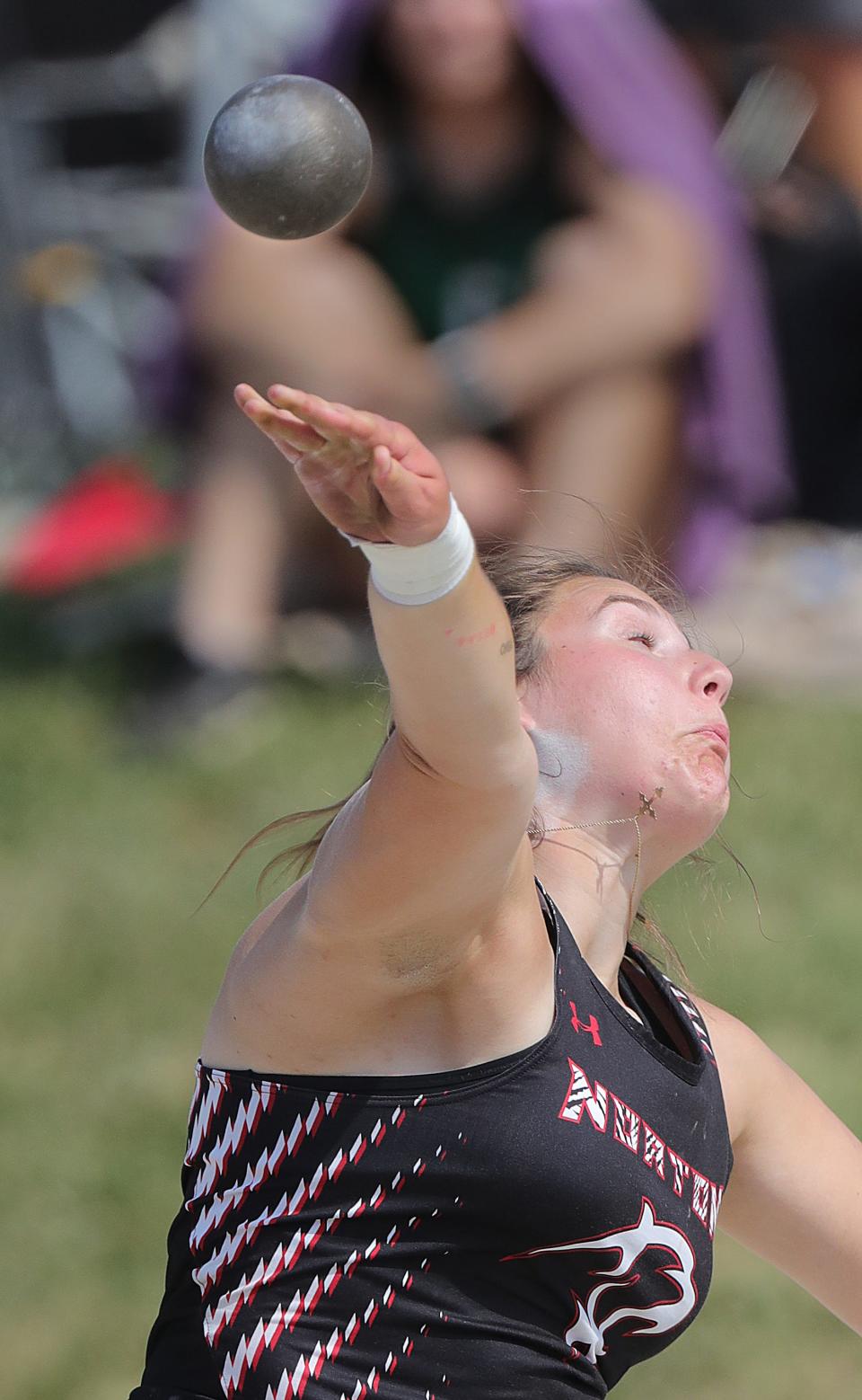 Norton's Morgan Hallett finishes second in the shot put at the 2023 state meet.
