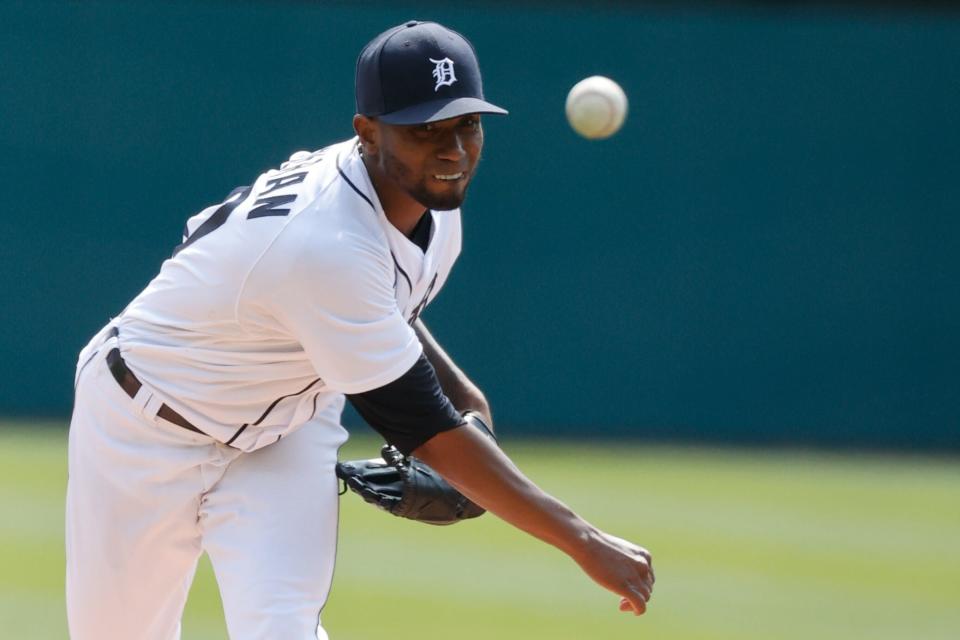 Detroit Tigers starting pitcher Julio Teheran pitches in the first inning against the Cleveland Indians at Comerica Park, Saturday, April 3, 2021.