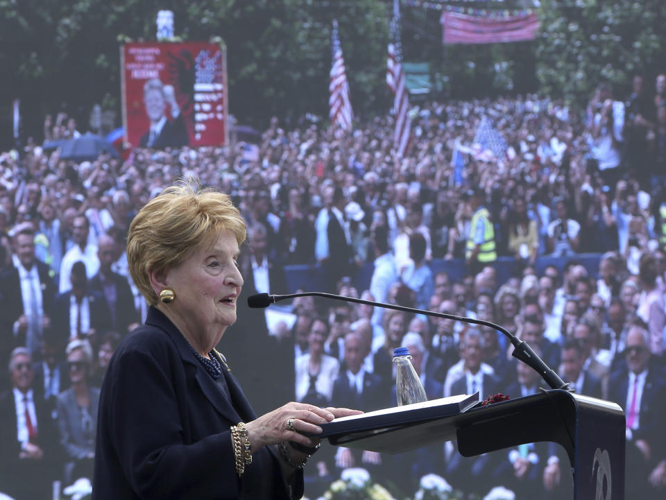 Ex-Secretary of State Madeleine Albright speaks during anniversary celebrations in the capital Pristina, Kosovo, Wednesday, June 12, 2019. It’s exactly 20 years since NATO forces set foot in the former Yugoslav province, after an allied bombing campaign ended Serbia’s bloody crackdown on an insurrection by the majority ethnic Albanian population in Kosovo _ revered by Serbs as their historic and religious heartland. (AP Photo/Visar Kryeziu)