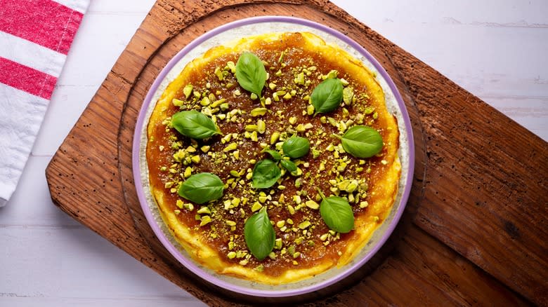 Spanish-style cheesecake with Manchego and pistachios