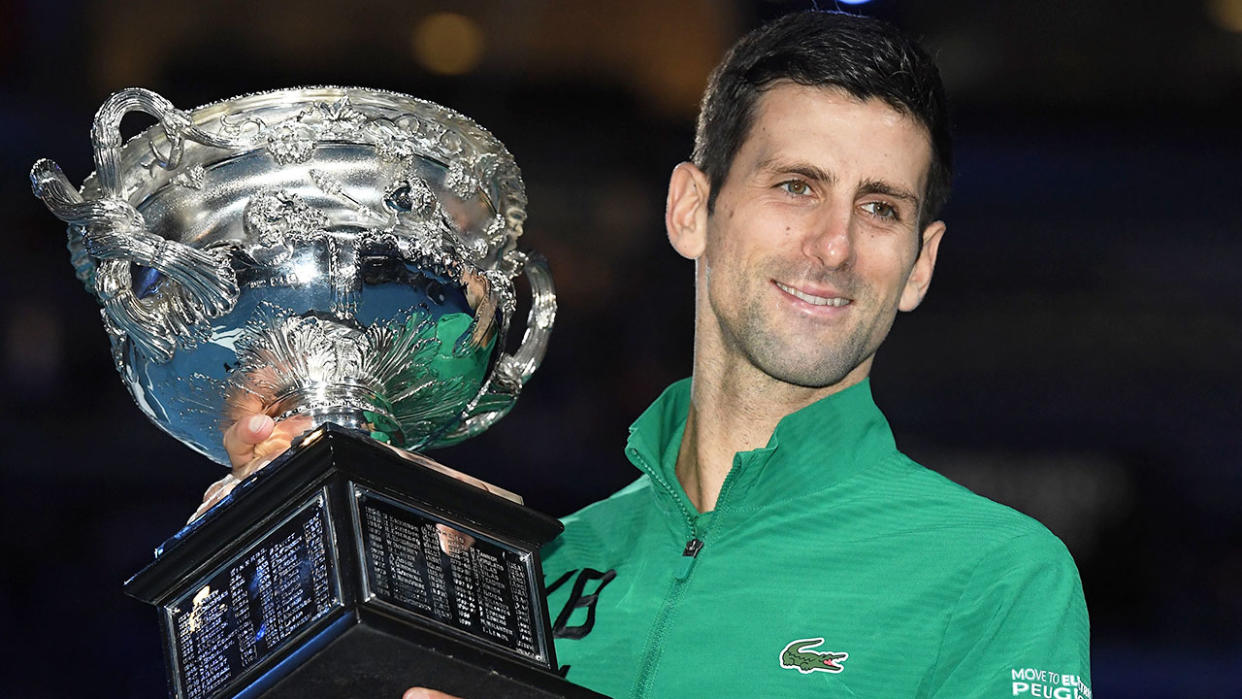 Pictured here, 2020 Australian Open men's champion, Novak Djokovic.