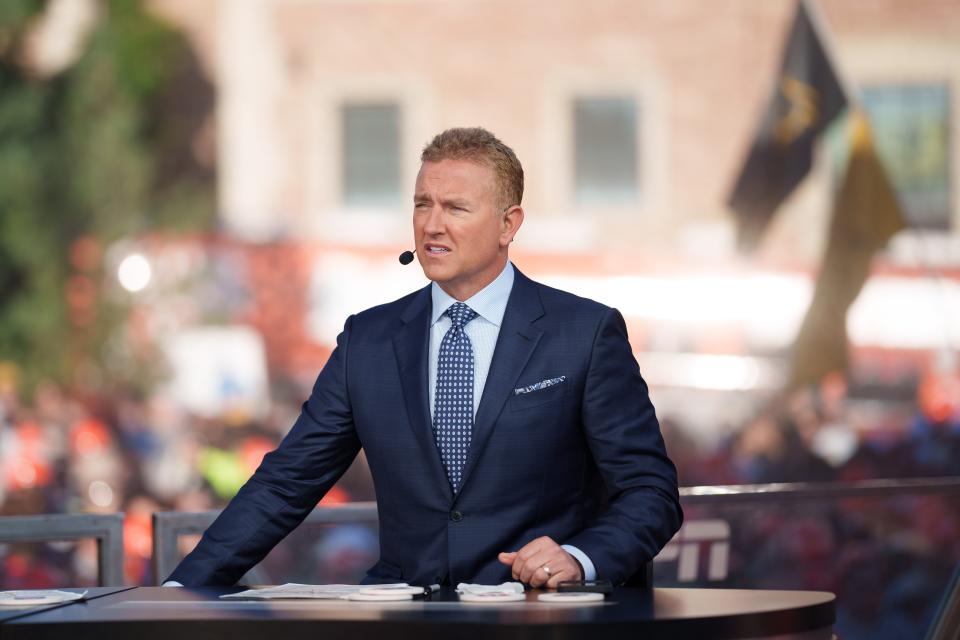 Sep 16, 2023; Boulder, Colorado, USA; GameDay analyst Kirk Herbstreit on the set of ESPN College GameDay prior to the game between the Colorado Buffaloes and the Colorado State Rams at Folsom Field. Mandatory Credit: Andrew Wevers-USA TODAY Sports