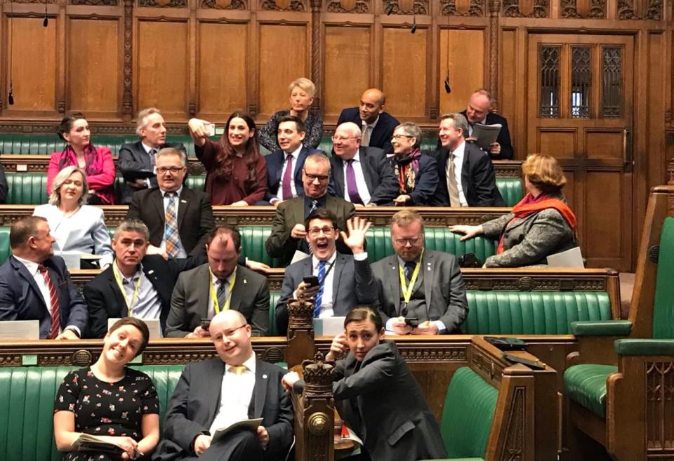 The group of former Labour MPs take their seats in the Commons as independents with Luciana Berger seen taking a selfie (Twitter/John Lamont MP)