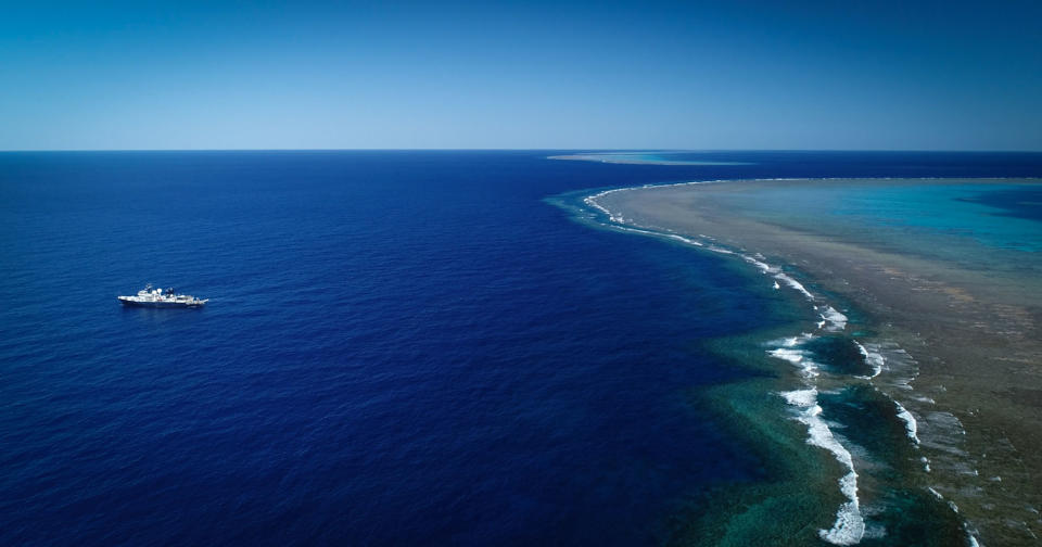 RV Falkor holding position on the outside of Ribbon Reef  (Picture: Schmidt Ocean Institute)