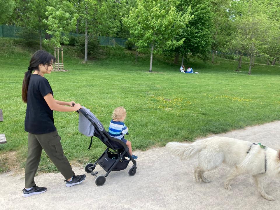 Young girl pushing a stroller with a baby in a green park.