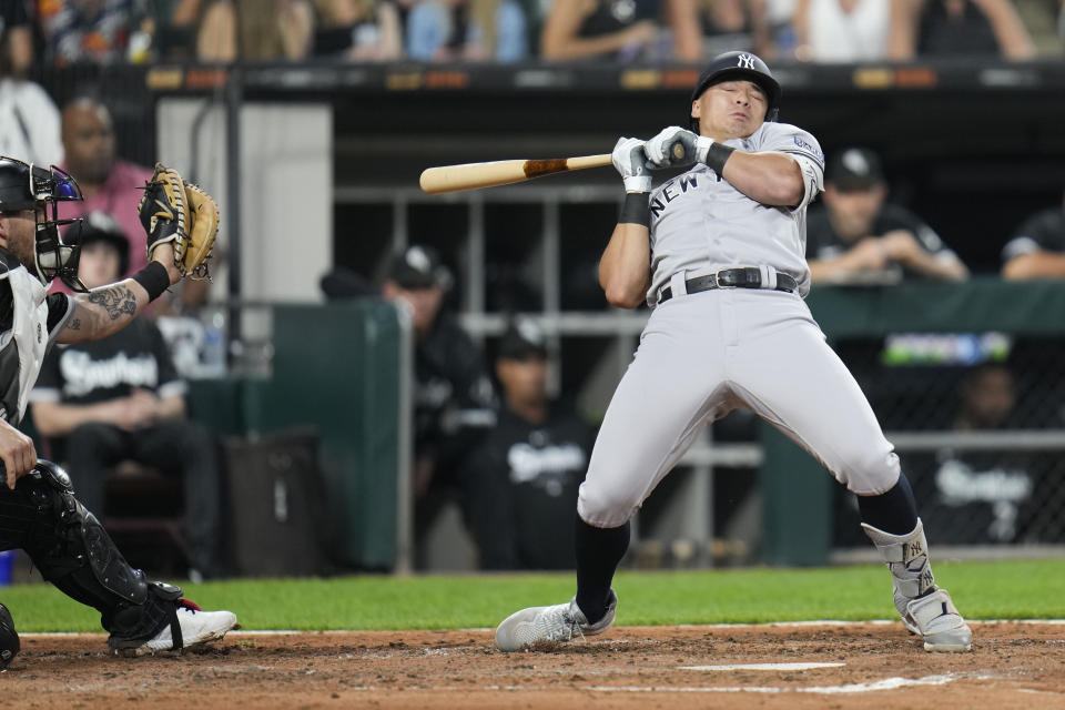 New York Yankees' Anthony Volpe dodges a pitch from Chicago White Sox starter Touki Toussaint during the fourth inning of a baseball game Tuesday, Aug. 8, 2023, in Chicago. (AP Photo Erin Hooley)