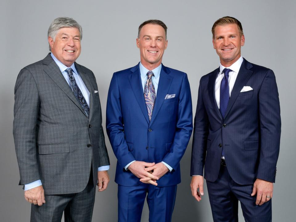 Fox's 2024 NASCAR Cup Series broadcast team: Mike Joy, Kevin Harvick and Clint Bowyer.