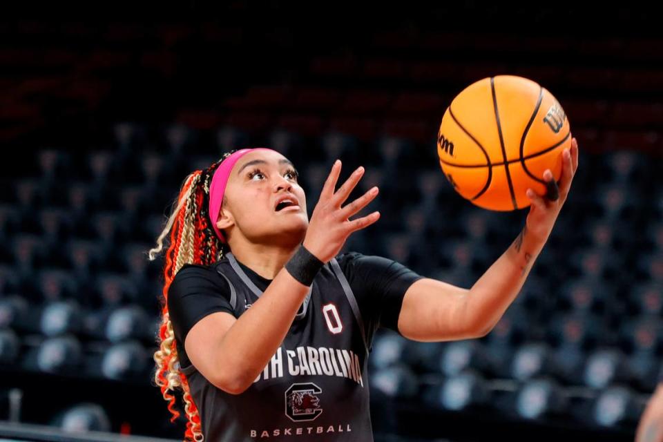 South Carolina’s Te-Hina Paopao (0) practices in advance of playing Presbyterian in the NCAA Tournament, first-round game at the Colonial Life Arena on Thursday, Mar. 21, 2024.