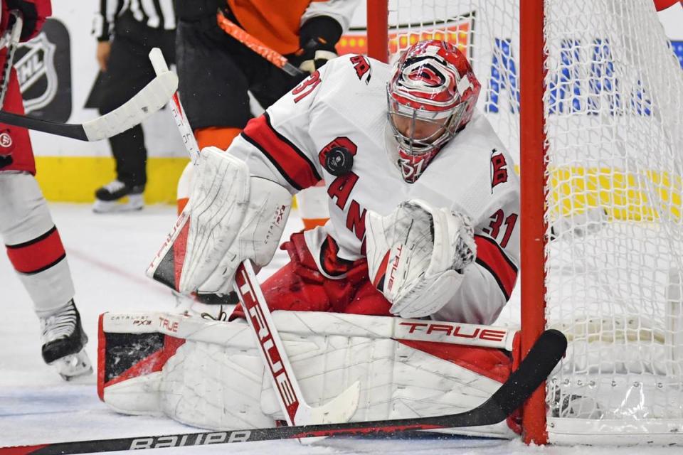 Oct 30, 2023; Philadelphia, Pennsylvania, USA; Carolina Hurricanes goaltender Frederik Andersen (31) makes a save against the Philadelphia Flyers during the third period at Wells Fargo Center. Mandatory Credit: Eric Hartline-USA TODAY Sports