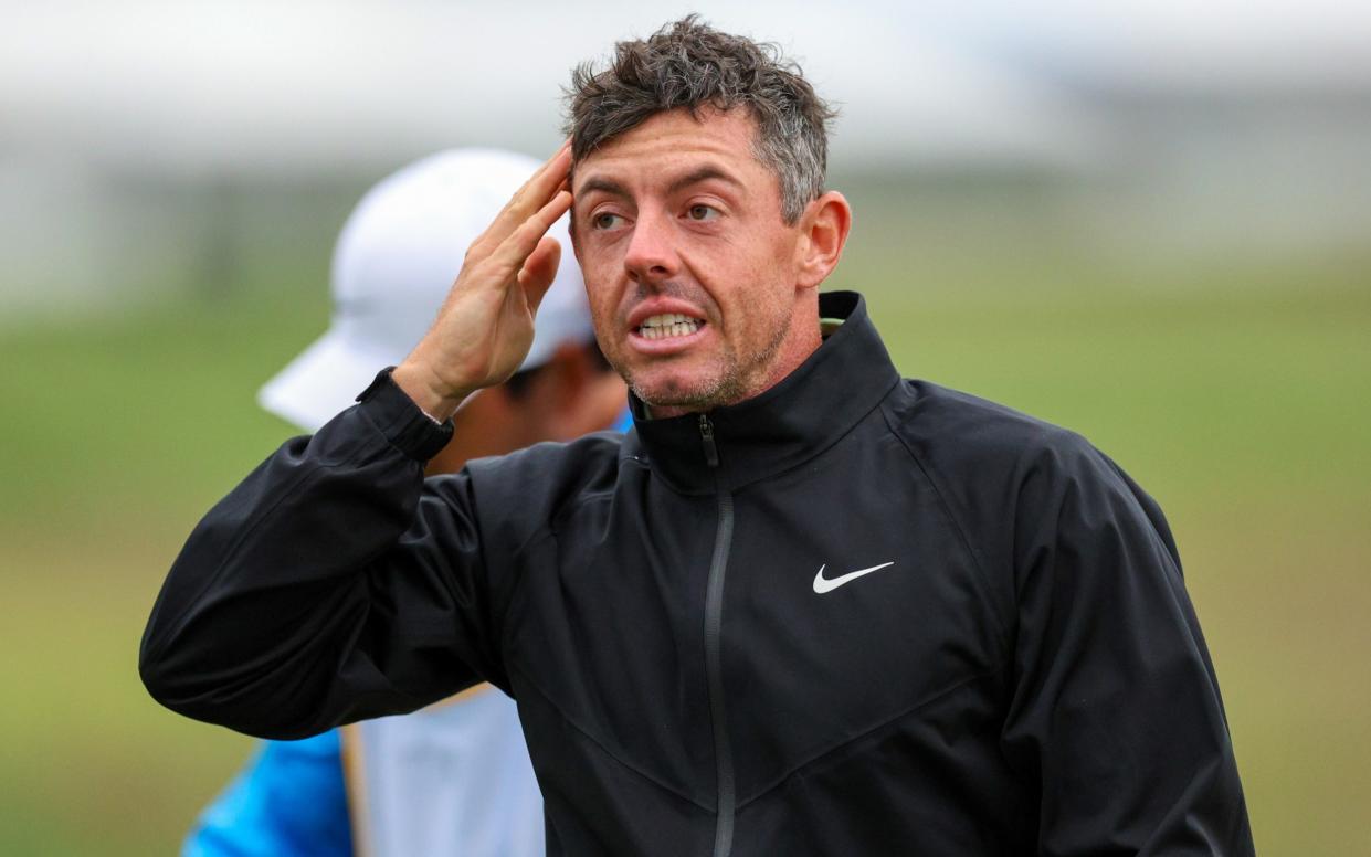 Rory McIlroy of Northern Ireland reacts after making a double bogey on the 18th hole during the final round of the RBC Heritage at Harbour Town Golf Links on April 21, 2024 in Hilton Head Island, South Carolina