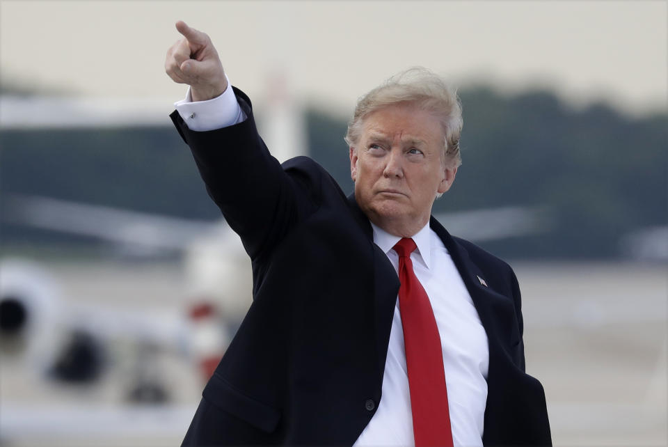 President Donald Trump boards Air Force One for a trip to a Montoursville, Pa., for a campaign rally, Monday, May 20, 2019, at Andrews Air Force Base, Md. (AP Photo/Evan Vucci)