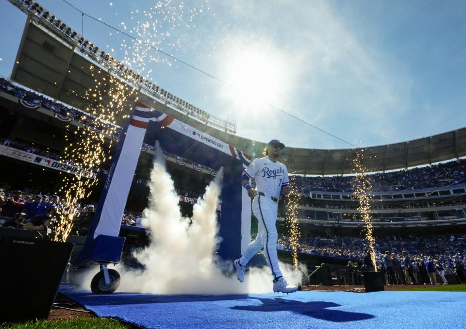 Mar 28, 2024; Kansas City, Missouri, USA; Kansas City Royals shortstop Bobby Witt Jr. (7) is introduced prior to a game against the Minnesota Twins at Kauffman Stadium. Mandatory Credit: Jay Biggerstaff-USA TODAY Sports