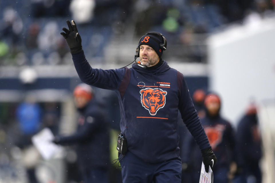 Chicago Bears head coach Matt Nagy motions toward the field during the first half of an NFL football game against the Seattle Seahawks, Sunday, Dec. 26, 2021, in Seattle. (AP Photo/Lindsey Wasson)