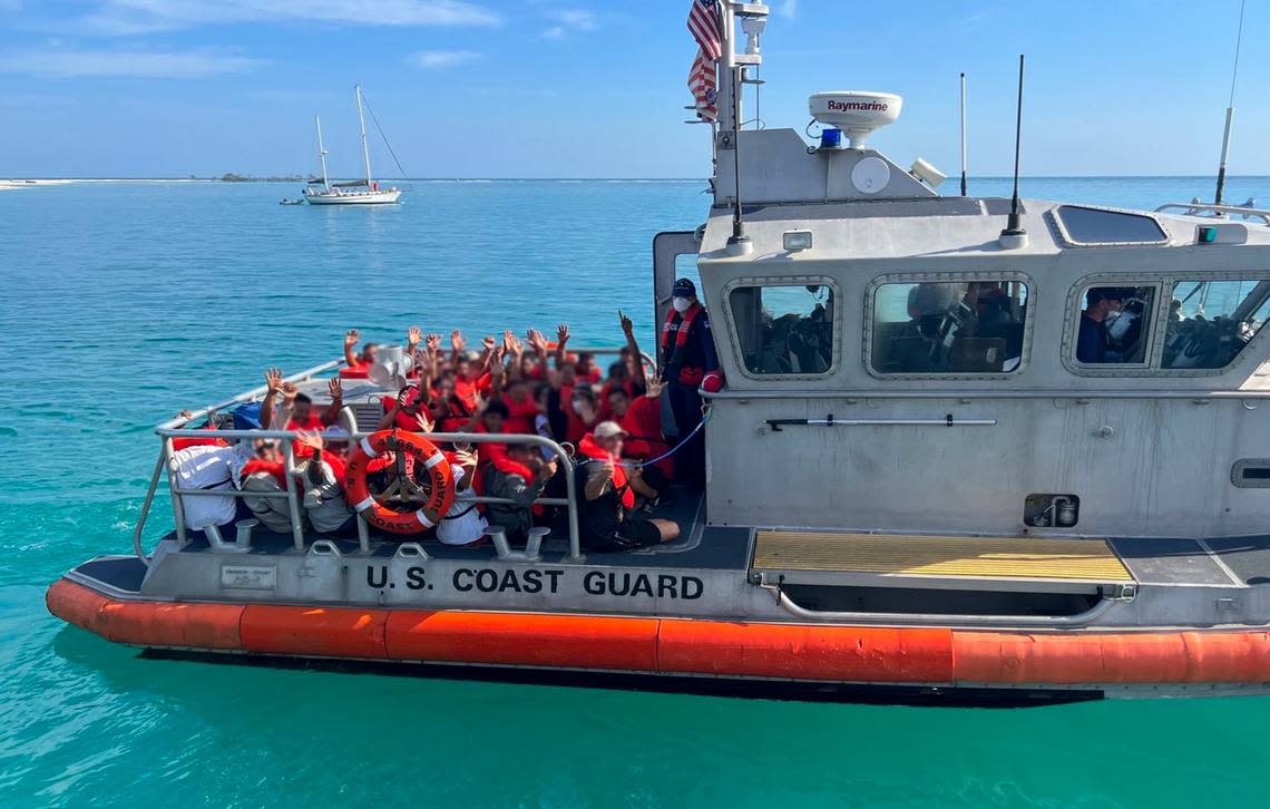 Cuban migrants aboard a U.S. Coast Guard cutter being shipped from Dry Tortugas National Park to Key West.