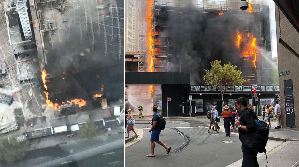 Toxic plumes of smoke swept across Sydney on Tuesday morning as an inferno engulfed a construction site in the heart of the CBD.