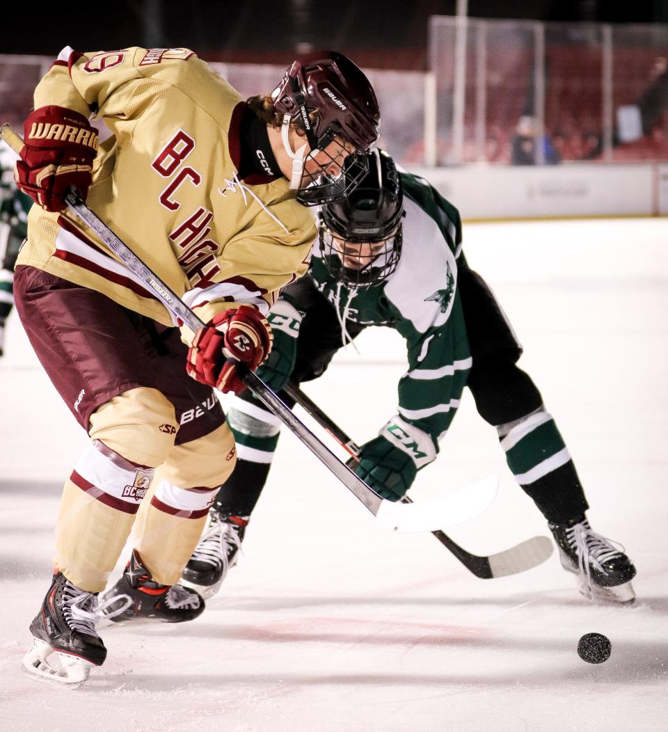 BC High's Tommy Halloran faces off during a scrimmage against Minnechaug at Fenway Park on Thursday, Jan. 12, 2023.