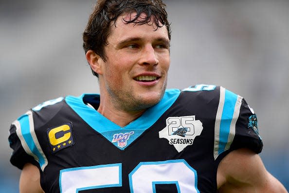 Luke Kuechly #59 of the Carolina Panthers before their game against the New Orleans Saints at Bank of America Stadium on December 29, 2019 in Charlotte, North Carolina.