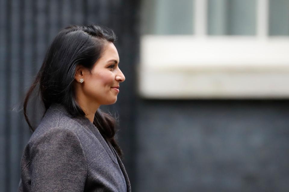 Britain's Home Secretary Priti Patel leaves 10 Downing Street in central London on February 13, 2020 after being confirmed in her position as the prime minister reshuffles his team. - Britain's prime minister revamped his top team on February 13 in his first cabinet reshuffle since taking Britain out of the European Union. (Photo by Tolga AKMEN / AFP) (Photo by TOLGA AKMEN/AFP via Getty Images)