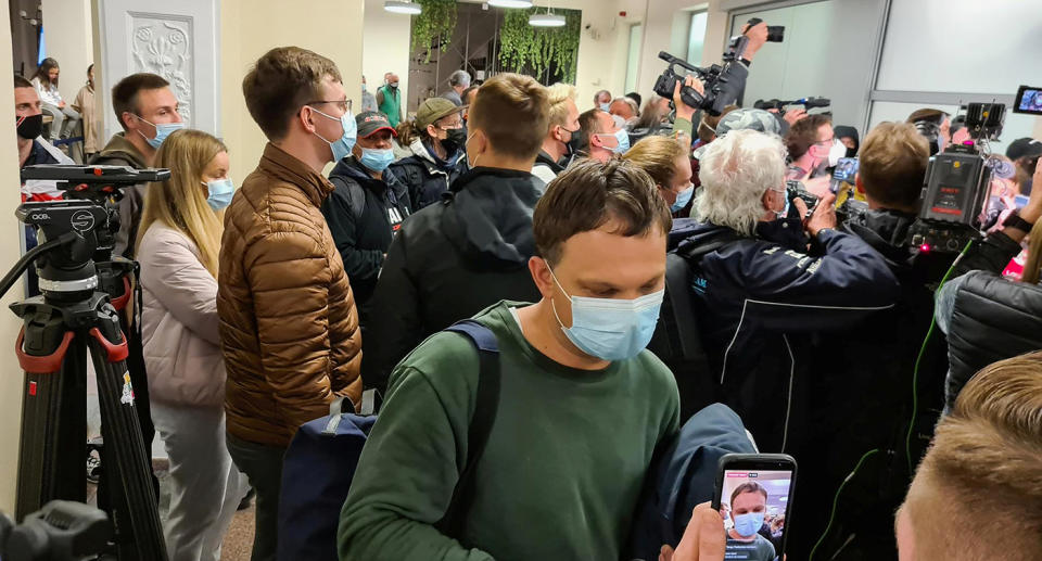 Mantas, a Lithuanian passenger of Ryanair flight FR4978, speaks to the media after arriving at Vilnius Airport, Lithuania, May 23, 2021. REUTERS/Andrius Sytas - RC2XLN93NPZ5