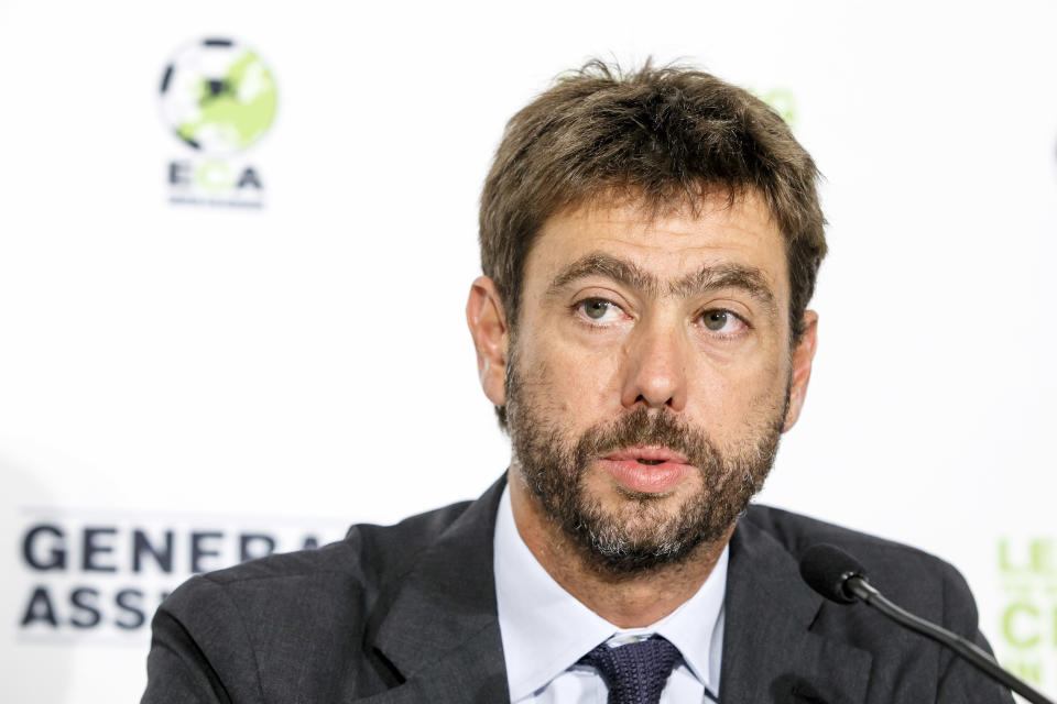 FILE - In this Tuesday, Sept. 5, 2017 filer, the chairman of the European Club Association, ECA, Italy's Andrea Agnelli attends a news conference after the plenary general assembly of the European Club Association, ECA, in Geneva, Switzerland. If the stylish and swashbuckling soccer romantic Giovanni Agnelli represented the epitome of club presidents a few generations ago, his nephew Andrea Agnelli’s affinity for the cut-throat business side of the sport falls more in line with the American and foreign owners who are gobbling up the European game. (Salvatore Di Nolfi/Keystone via AP, File)