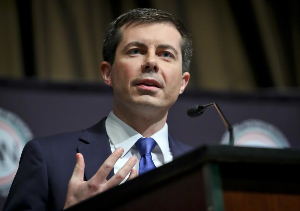 Democratic presidential candidate Pete Buttigieg, South Bend, Ind. mayor, address the National Action Network (NAN) convention, Thursday April 4, 2019, in New York. (AP Photo/Bebeto Matthews)