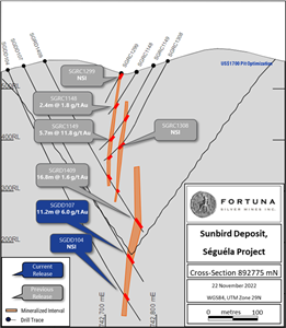 Sunbird Deposit cross-section 892775mN (looking north). Note the high-grade mineralization remains open at depth.