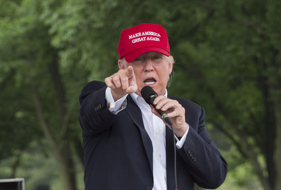 Republican presedential candidate Donald Trump speaks during an event at the annual Rolling Thunder 'Ride for Freedom' parade ahead of Memorial Day in Washington, D.C, on May 29, 2016.