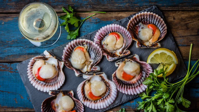 tray of raw scallops and glass of white wine