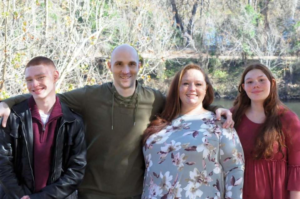 Julia Chavez, 13, pictured (right to left) with her mother, Jenna Randall, Matthew Bramlett, and brother Jackson Chavez.