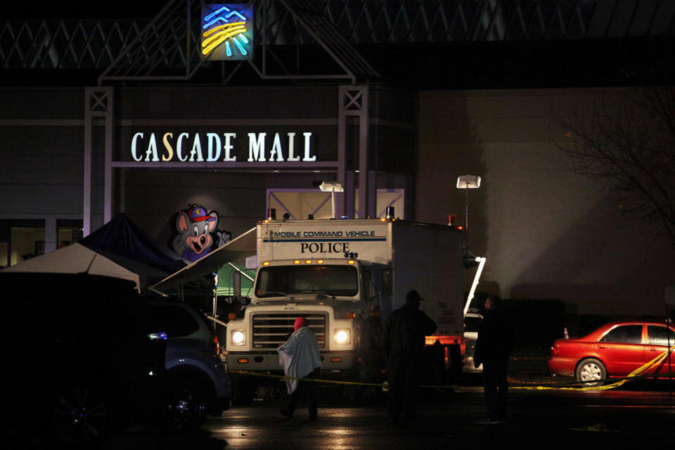 Authorities are pictured at the Cascade Mall following reports of an active shooter in Burlington, Washington