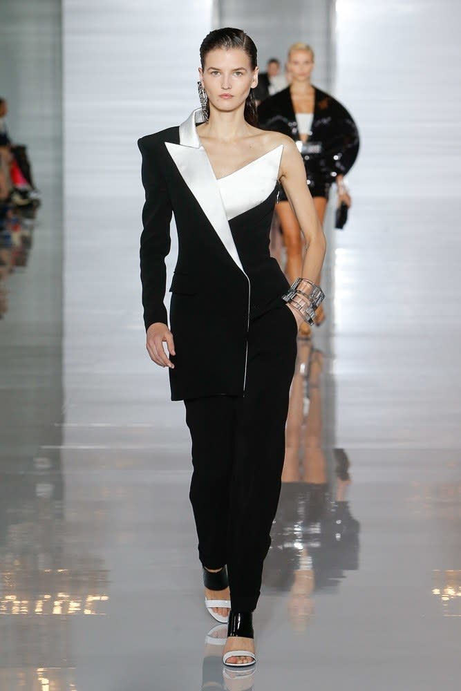 Balmain’s Spring 2019 deconstructed tuxedo top shows just the right amount of skin.