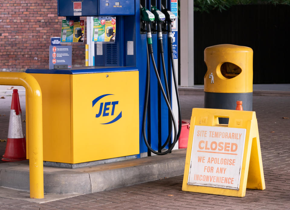 A closed sign on the forecourt of a petrol station in Leeds. Picture date: Tuesday September 28, 2021. (Photo by Danny Lawson/PA Images via Getty Images)