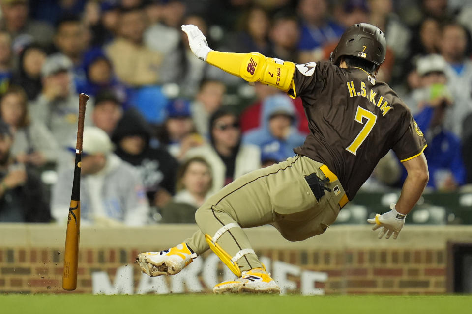 San Diego Padres' Ha-Seong Kim is hit by a pitch from Chicago Cubs pitcher Daniel Palencia during the sixth inning of a baseball game Monday, May 6, 2024, in Chicago. (AP Photo/Erin Hooley)