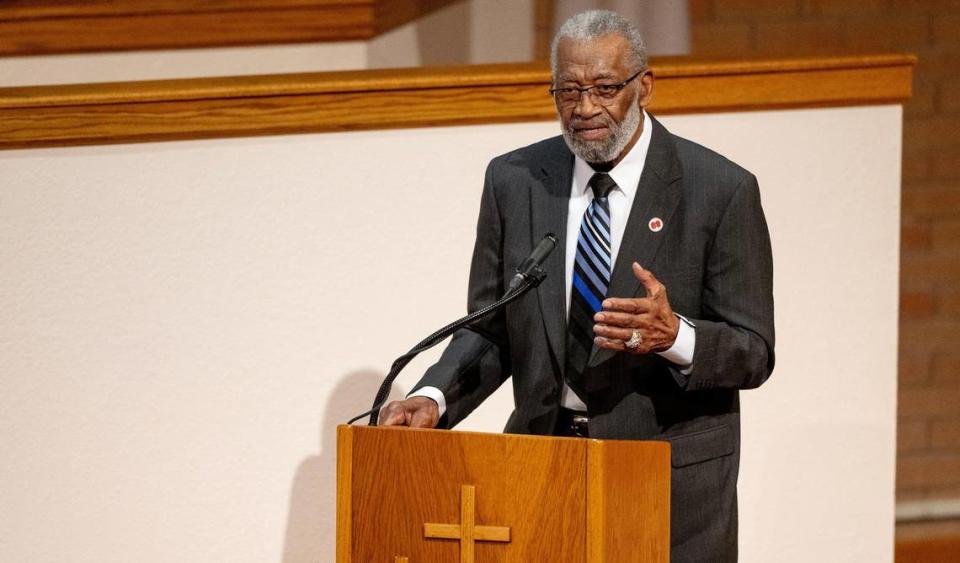 Bobby Bell speaks about his friend and teammate, Chiefs wide receiver Otis Taylor, during Taylor’s funeral on Wednesday, March 22, 2023, at Friendship Baptist Church in Kansas City. Taylor played from 1965-75 and was inducted into the Chiefs Hall of Fame in 1982.